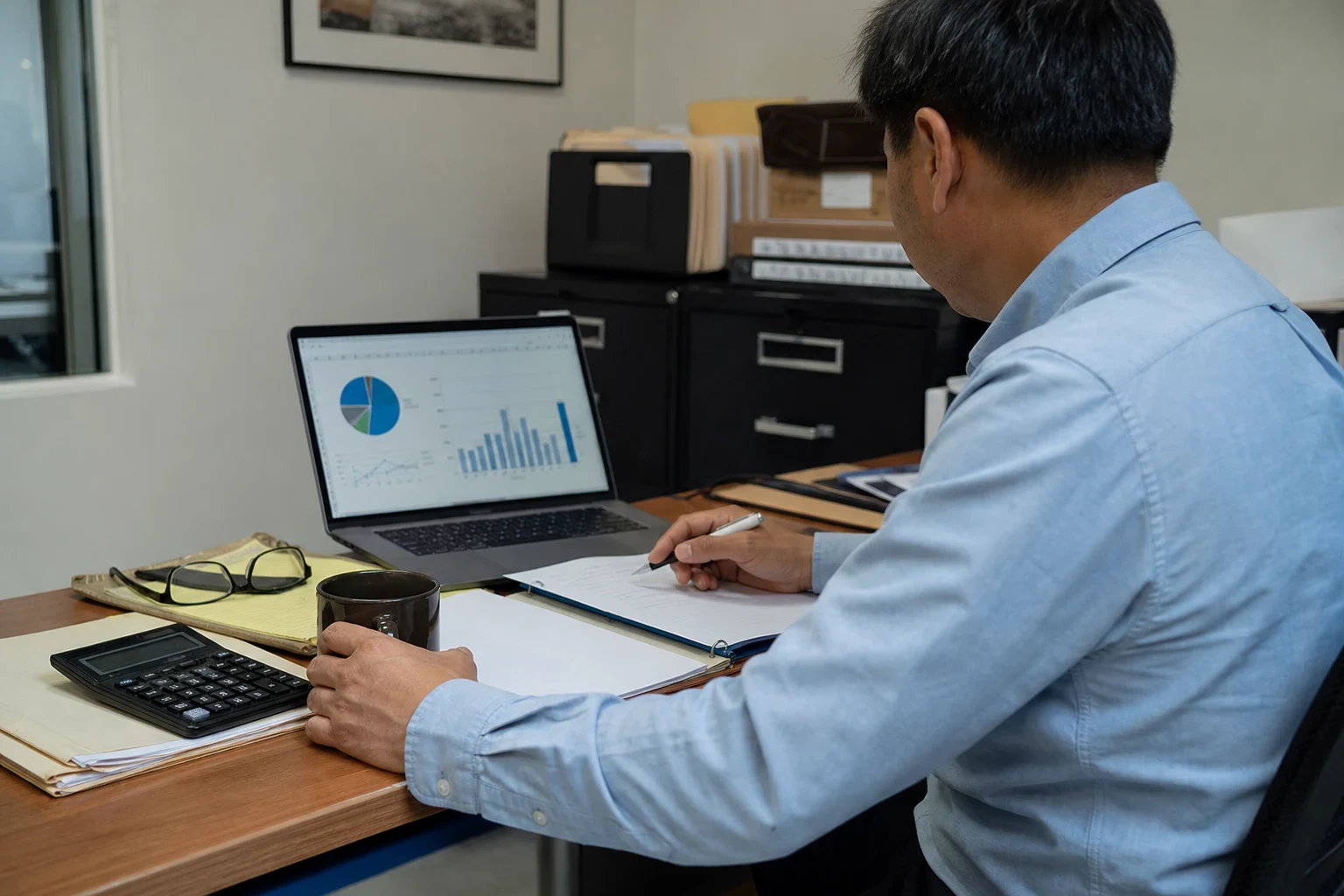 Man in a light blue shirt at an office desk writing in a binder beside a laptop showing charts, with a calculator, glasses, mug and filing cabinets nearby