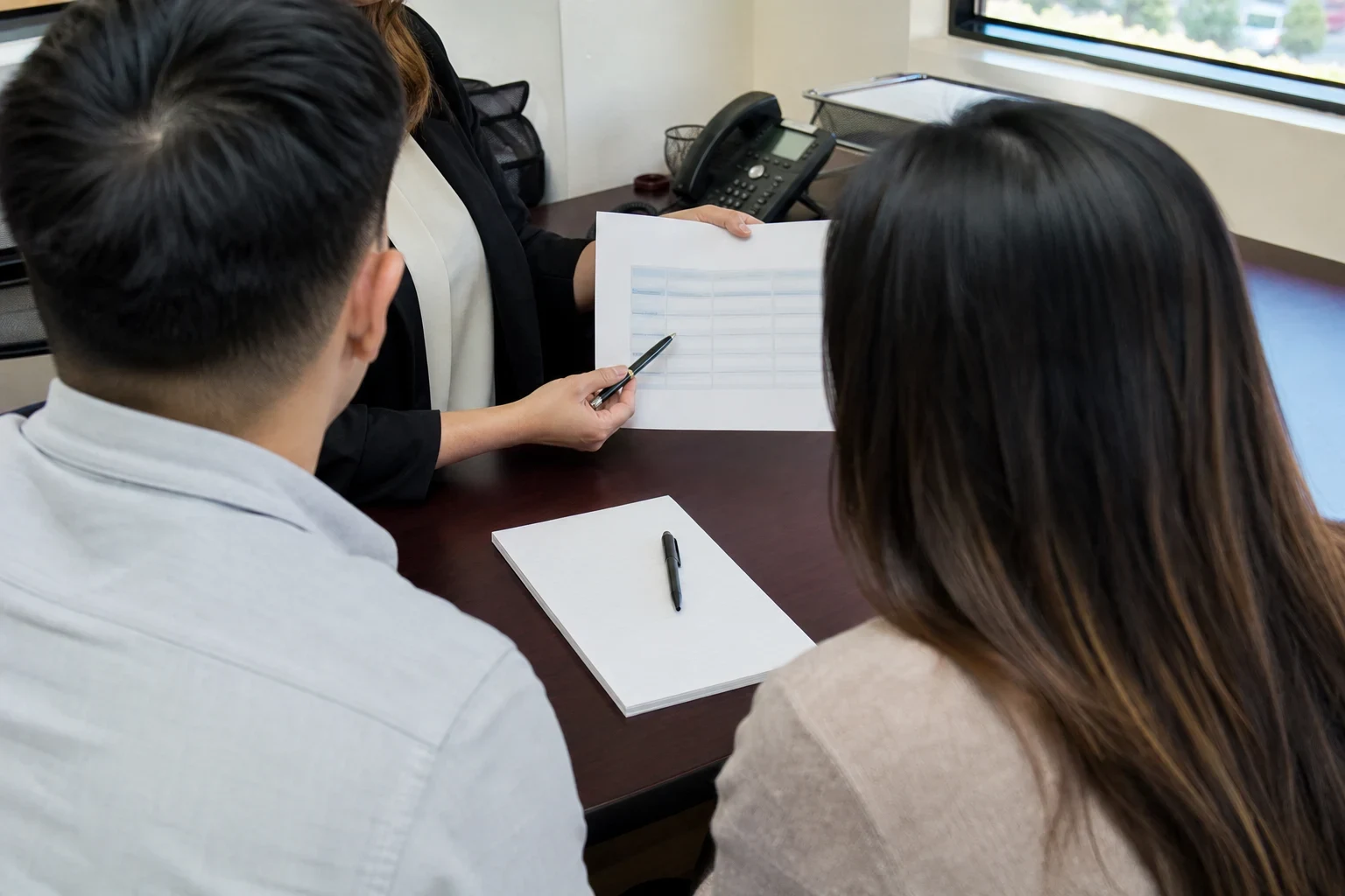 Over-the-shoulder view of a couple at an office desk as an agent points a pen at a printed table, with a blank notepad, pen, desk phone and window nearby