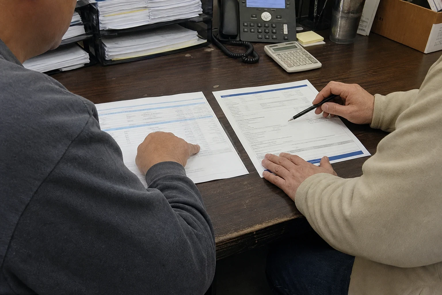 Two people at a worn wooden office desk reviewing two printed documents side by side, one holding a pen, with a desk phone, calculator and paper trays behind.