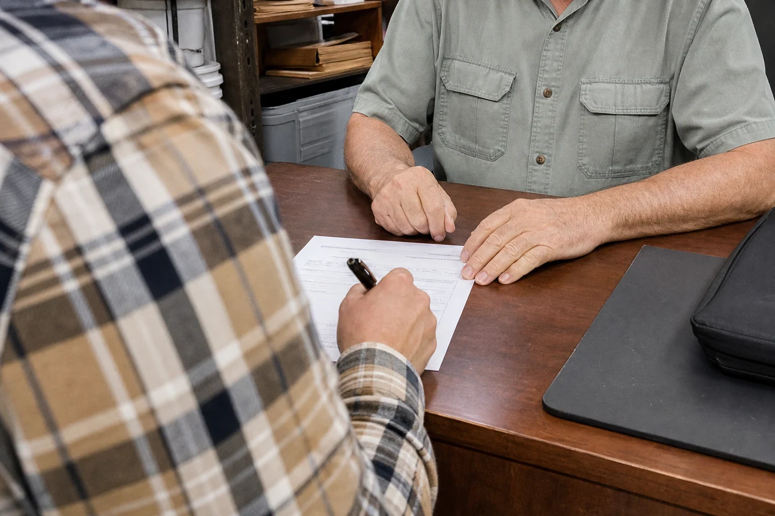 Over-the-shoulder view of a person in a plaid shirt filling out a short form with a pen at a wooden desk across from an older man in a green shirt in a back office